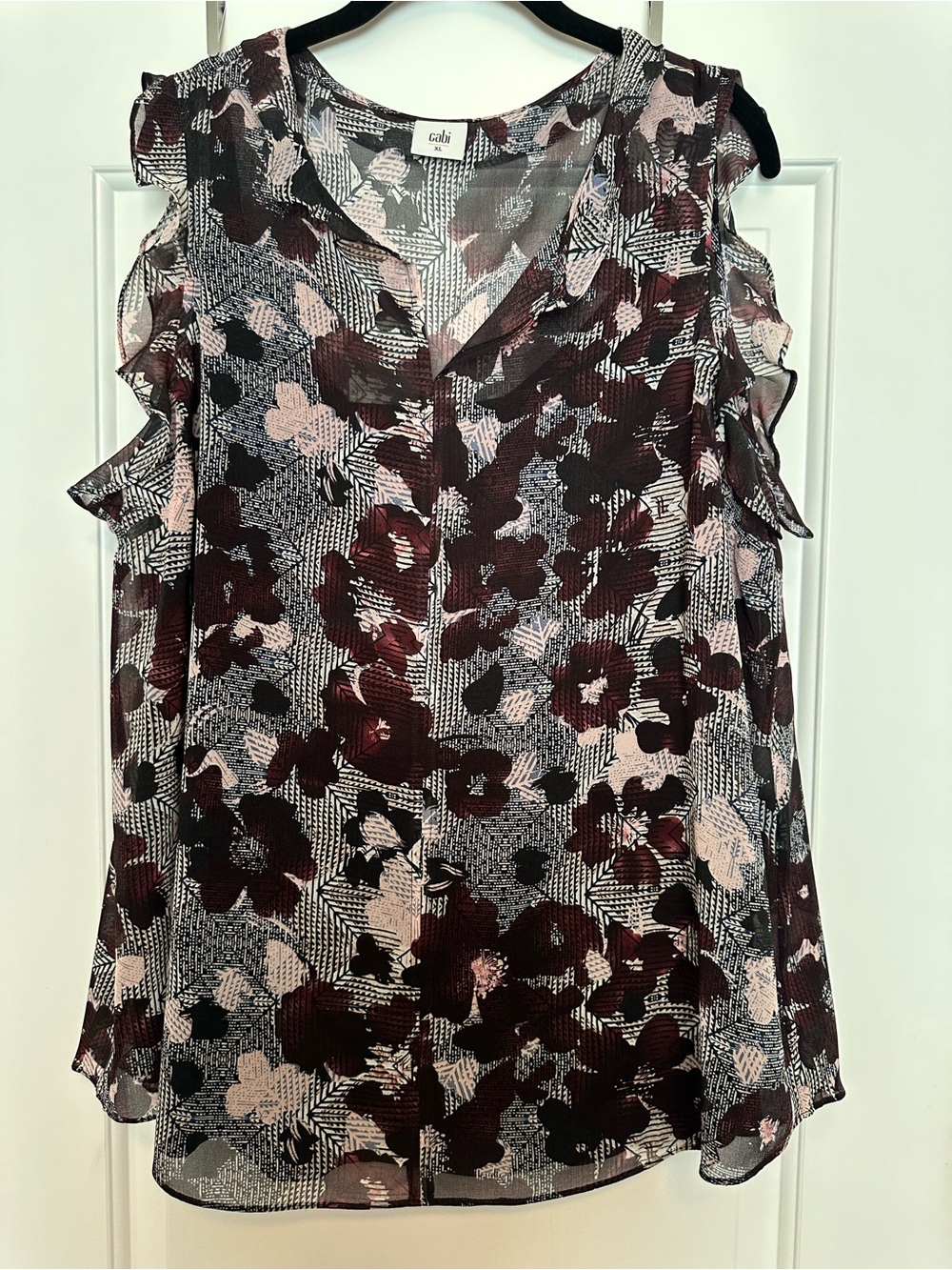 CAbi Floral Cold-Shoulder Blouse in Navy, Burgundy and Pink